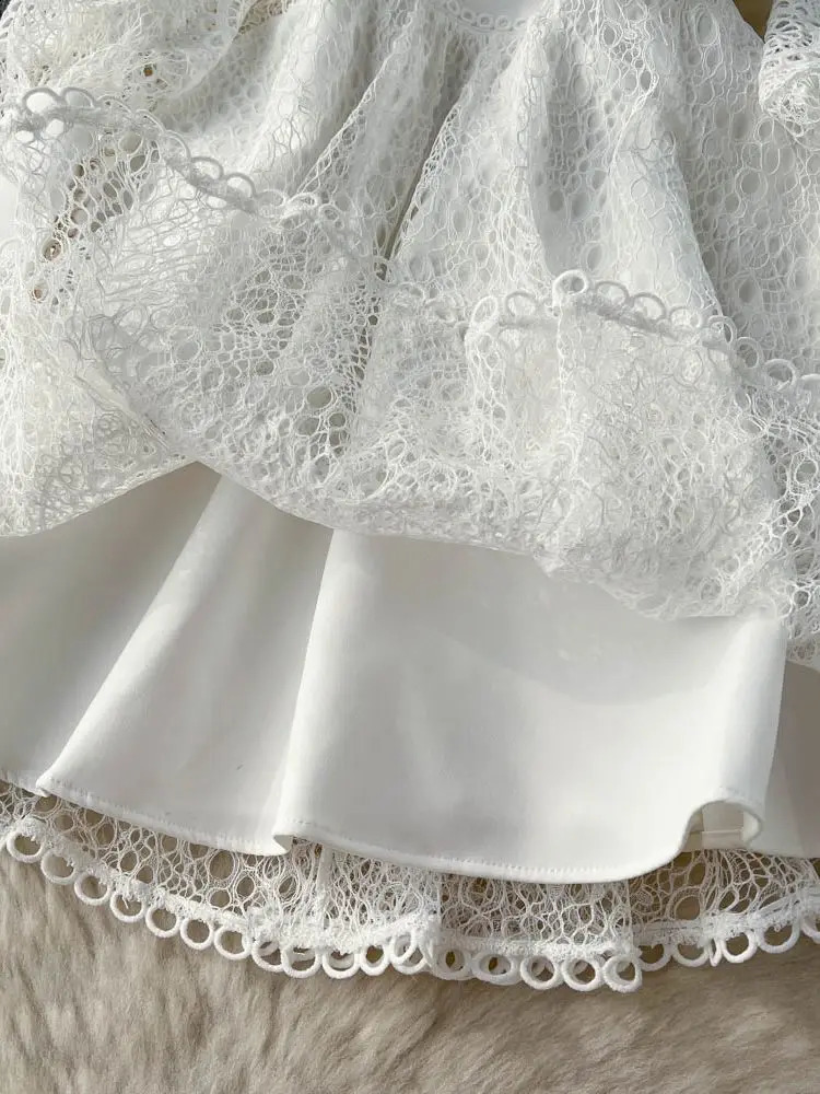 Vintage Flower Embroidery Hollow Out Lace Dress Womens Stand Collar Long Lantern Sleeve Pearls Buttons Casual Party Vestidos 240717