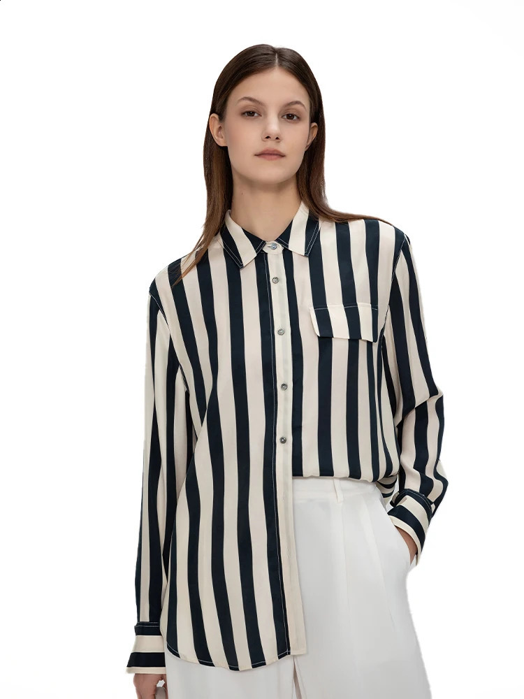 ZEAMOD Womens 100% Silk Shirt Ladies Blue White Pinstripes Blouse with V Neck and Long Sleeve Work Casual All Season 240715