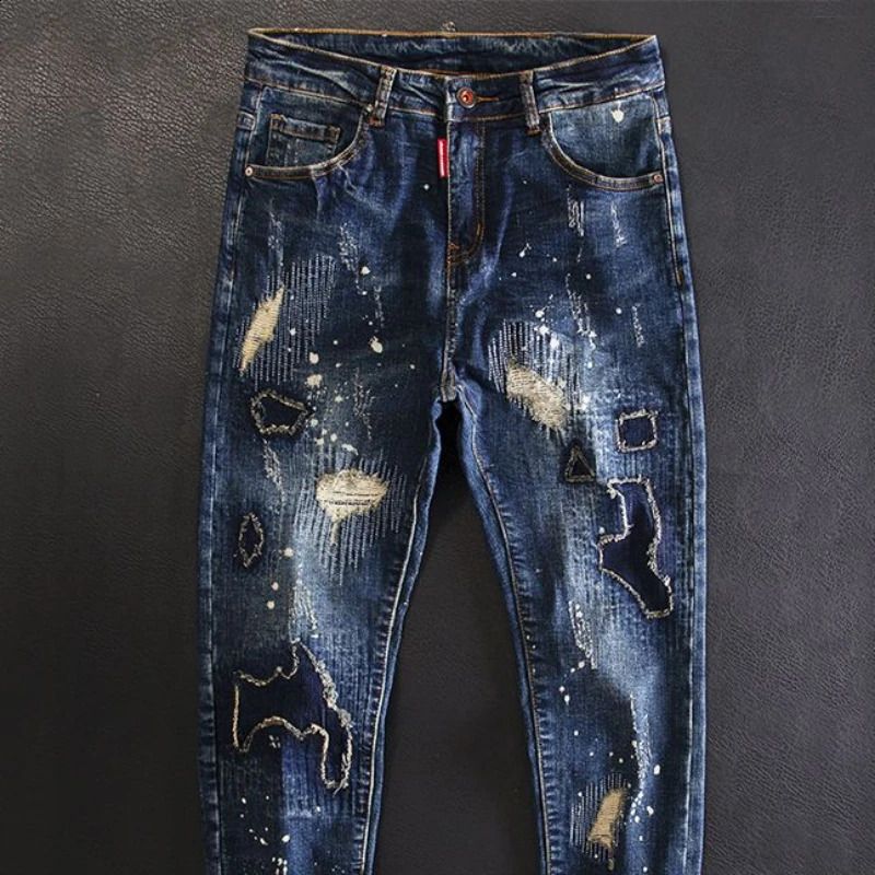 Jeans for Men Cropped Ripped Tapered Male Cowboy Pants with Holes Trousers Broken Torn 90s Streetwear Clothes Y2k 2000s Casual 240717