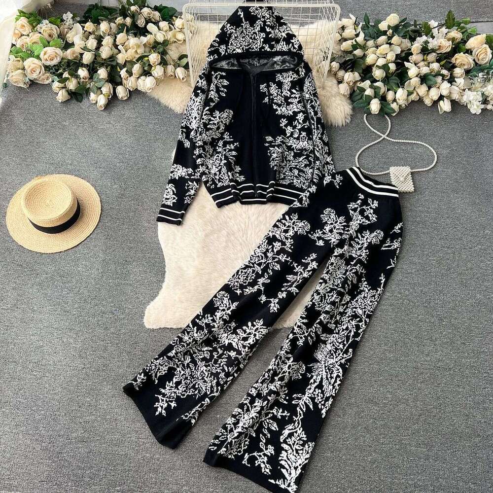 Leisure, Fashionable, Sports, Age Reducing Knitted Two-piece Set for Womens High-end Printed Hooded Sweater with High Waist and Wide Leg Pants BOHO DR