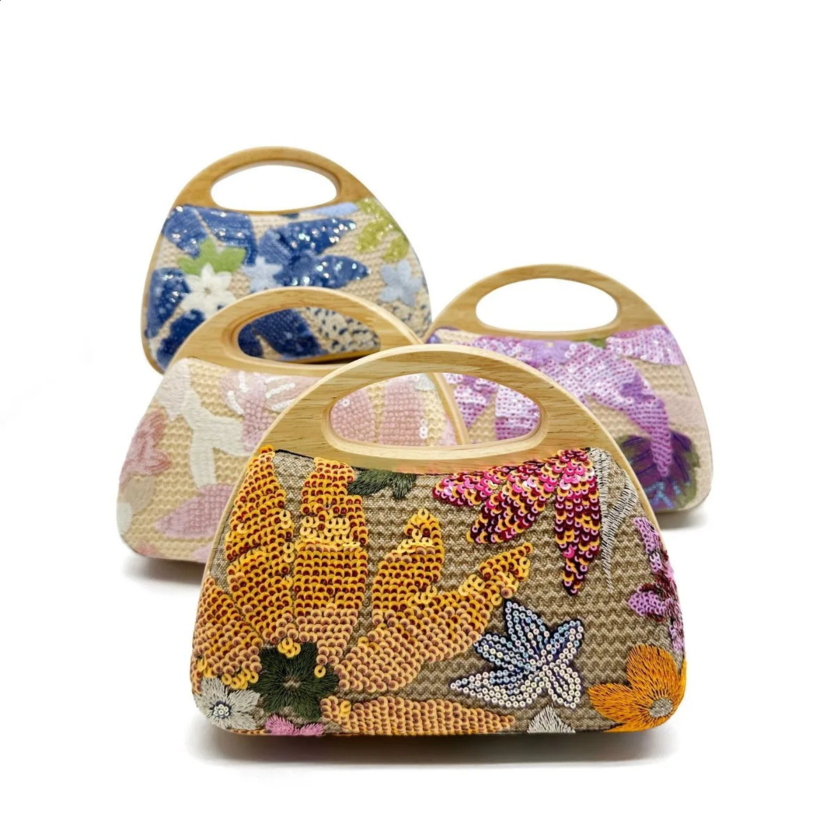 Shinny Sequins Embroidery Clutch Bag for Women Wooden Handle Handbags Flower Shoulder Crossbody Evening Party Purses 240821
