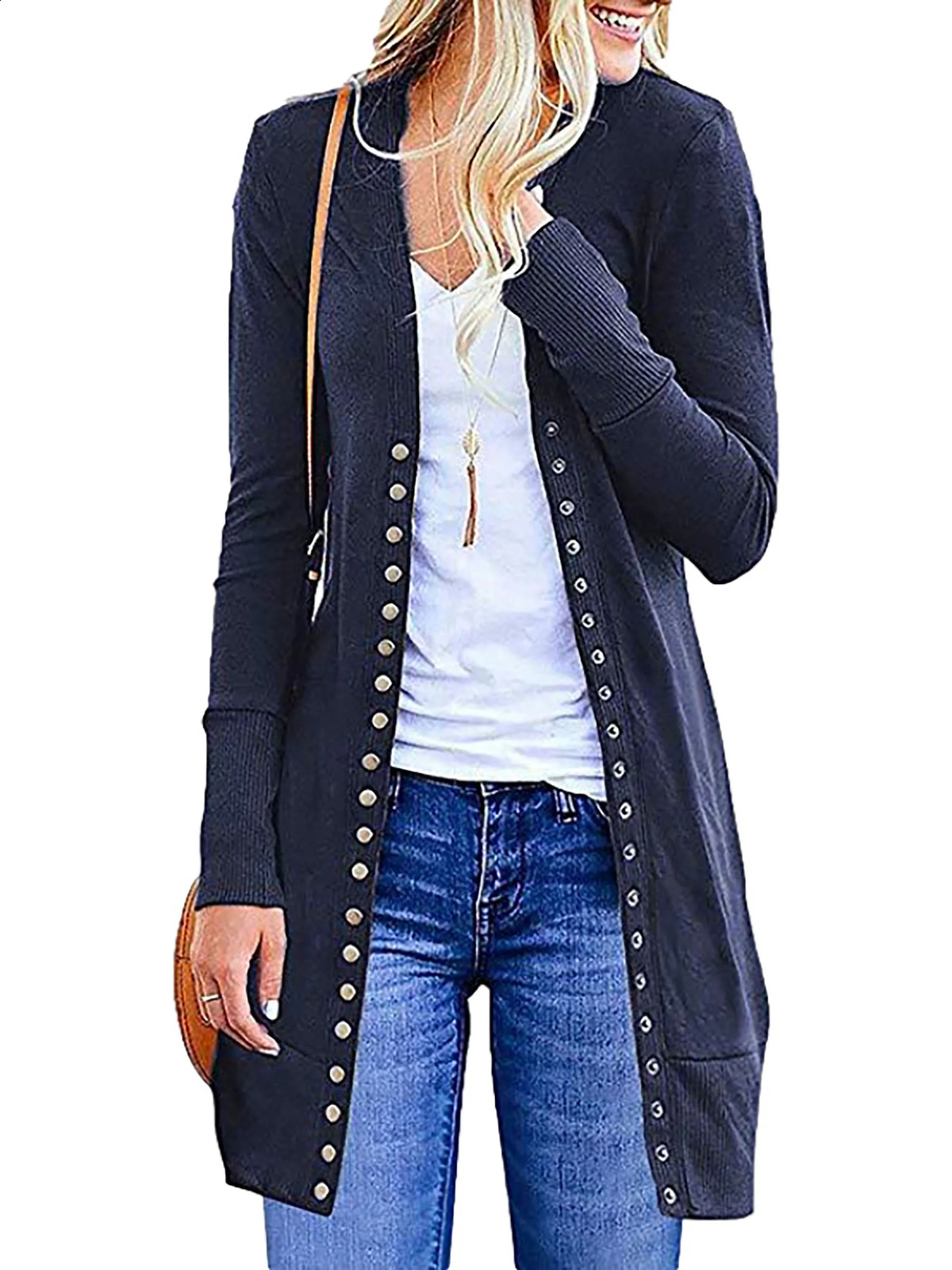 Autumn European and American Large Womens Fashion Mid length Button Solid Color Cardigan Coat 240717