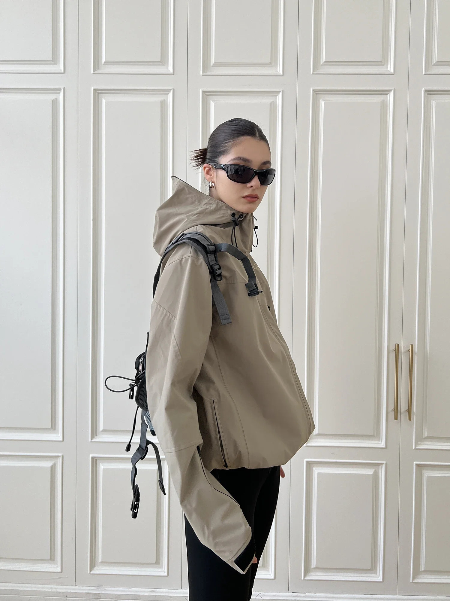QWEEK Y2K Vintage Windbreaker Jacket Women Gorpcore Streetwear Taupe Hooded Outerwear Oversized Hip Hop Techwear Black Coat 240722