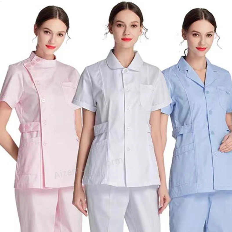 White Short Scrubs Top Nurse Uniforms Set Lab Coat Doctor Uniform Women Clothing Pink Beauty Salon Long Sleeve clothes 240722