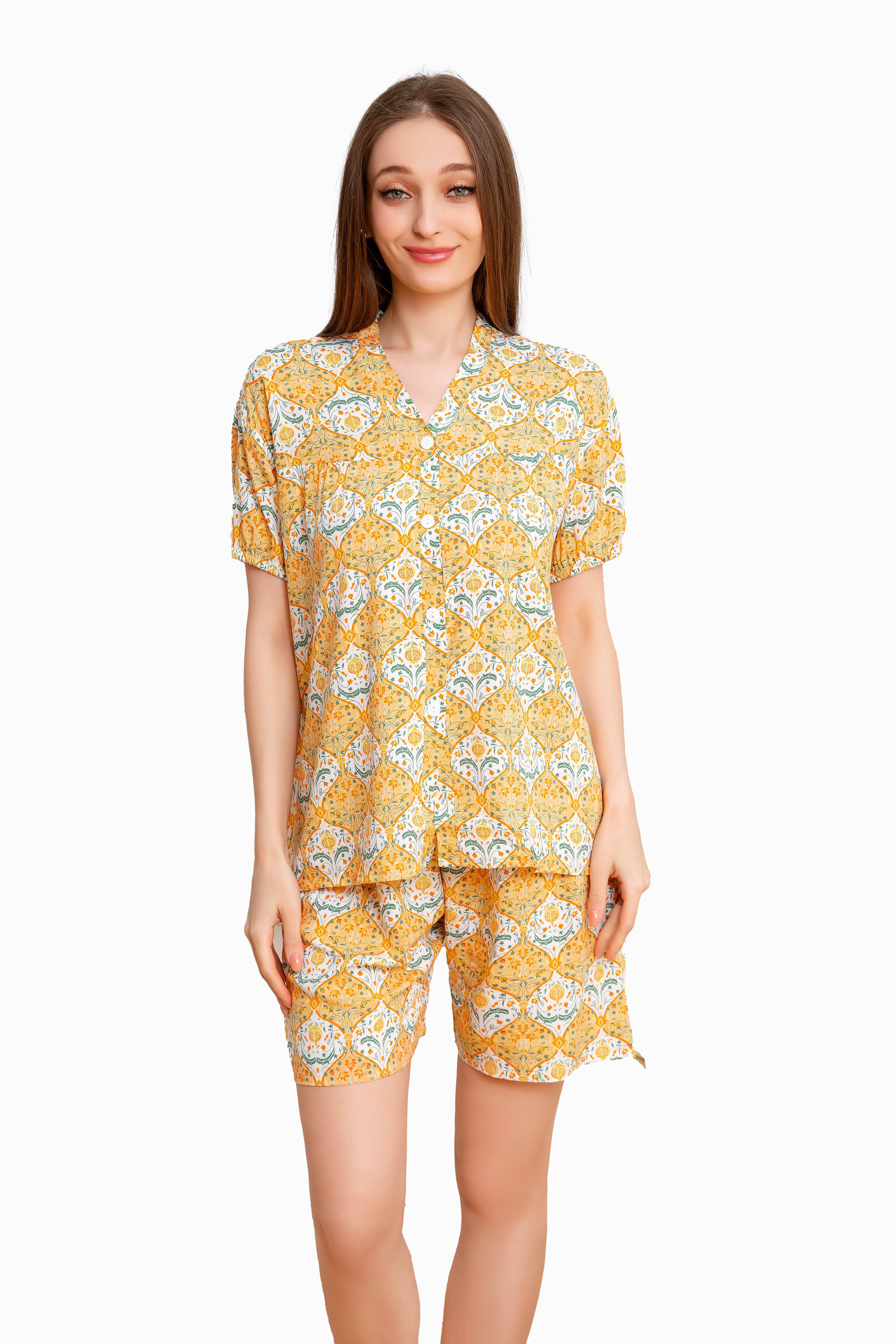 Women's home clothes, pajamas, yellow background, pomegranate pattern shorts set D205