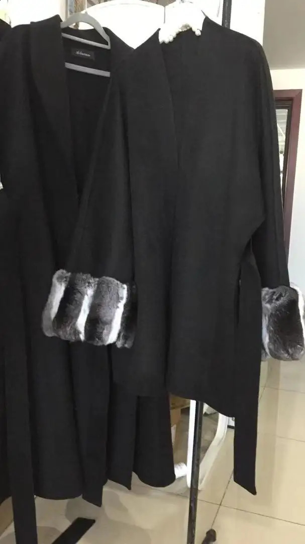Arlenesain double face cashmere 105cm length women coat with big and wide chinchilla fur sleeves 240716