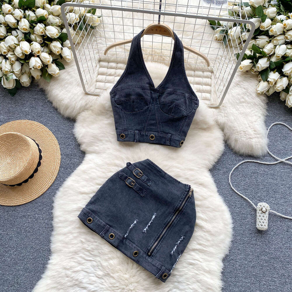 Dopamine Spicy Cowboy Set Womens Summer Design Feel Hanging Neck Strap Tank Top+high Waist Wrap Hip Short Skirt Loose Short SKINNY DRESS Round Neck Dr