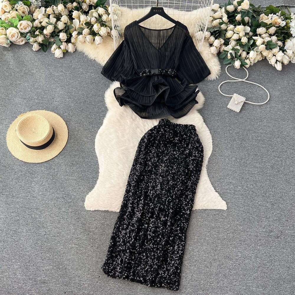 French Light Luxury and Socialite Style Set with Waistband Ruffled Edge Pleated Shirt+sequin Wrapped Hip Half Length Skirt Short Oversize Dress SKINNY