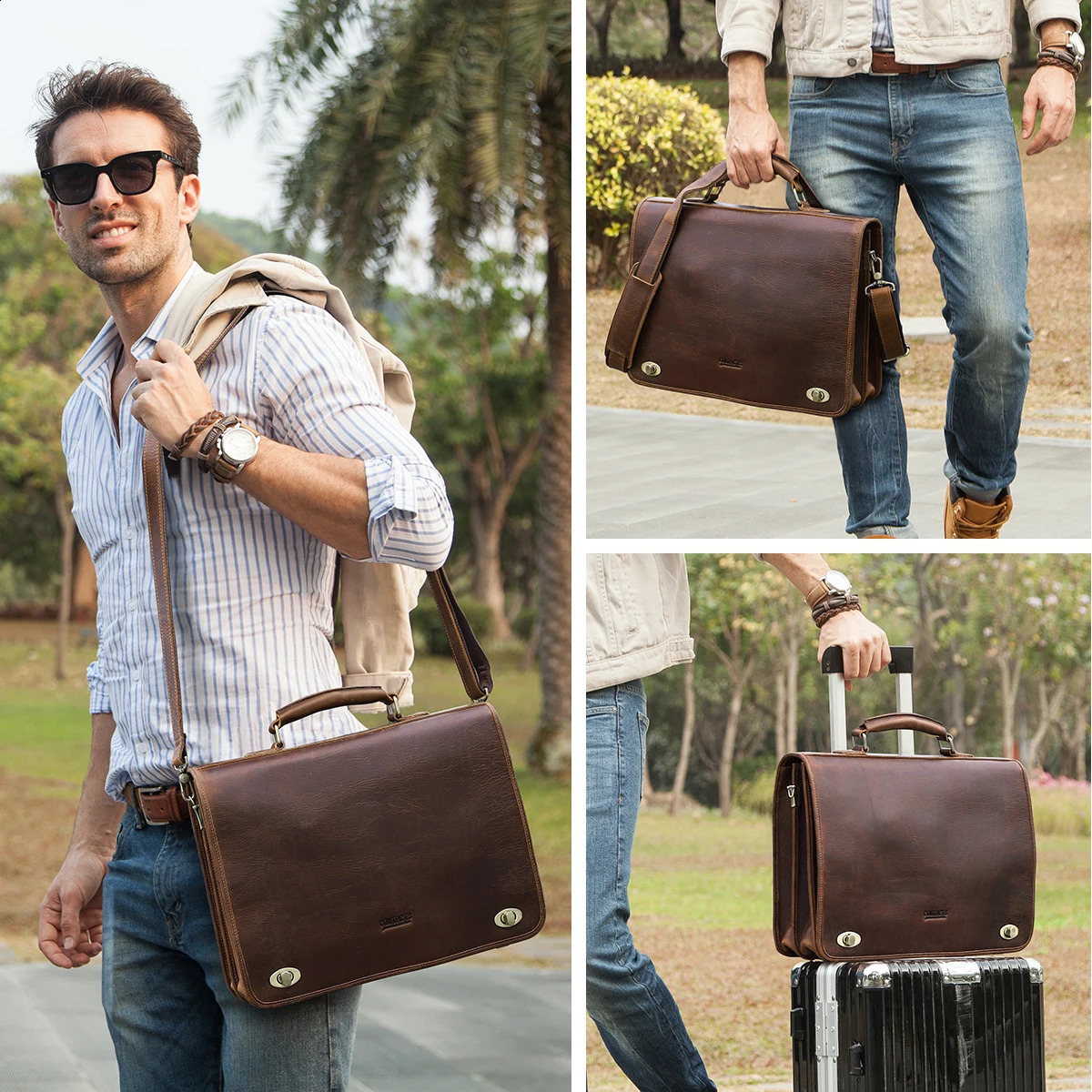 Vintage Leather Men Briefcase for Business Portfolio Document Laptop 15.4 inch Suitcase Mens Shoulder Messenger Bag