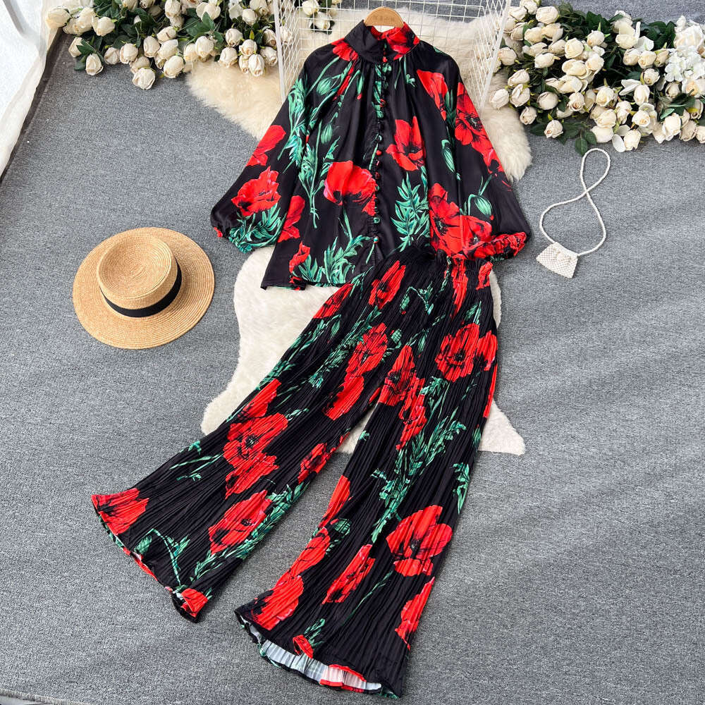 Spring and Autumn Style Printed Womens Lantern Sleeve Half High Collar Loose Shirt+wide Leg Pleated Pants Two-piece Set Bifurcated Pregnant Womens Dre