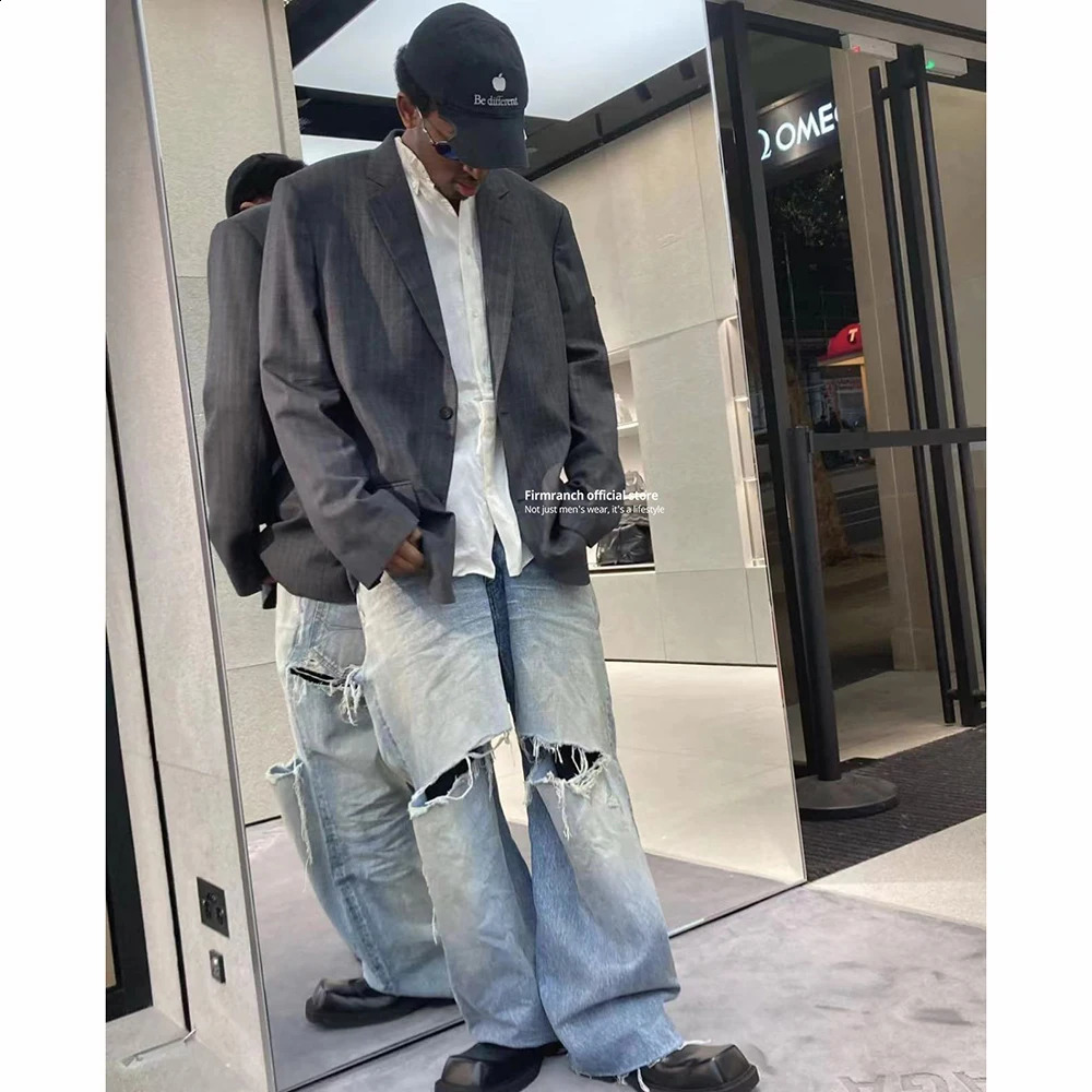 Firmranche Mens Blue Pocket Jeans Large Hole Tear Drag Flat Denim Pants Street Clothing Oversized Trouser 240808