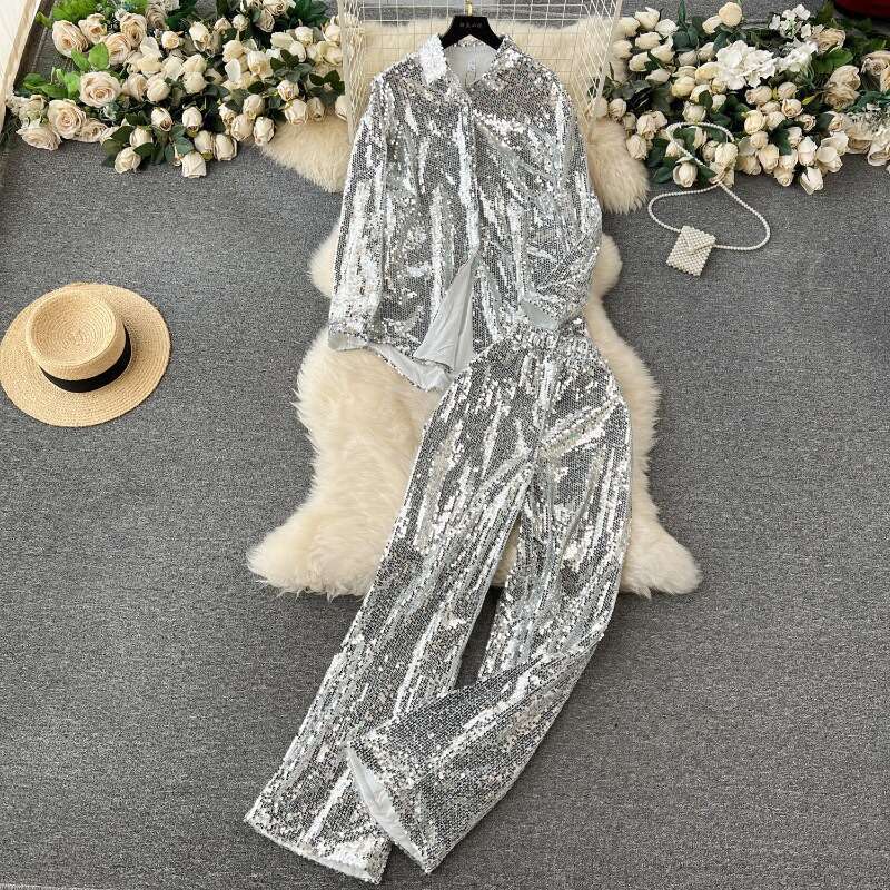 Fashionable Glittering Sequins Set with A Luxurious and Loose Long Sleeved Shirt+high Waisted Wide Straight Leg Pants Loose Sexy Novelty Silk Dress