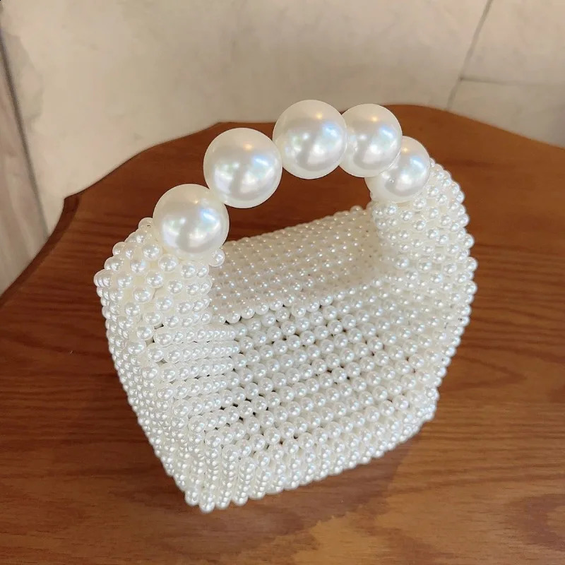 Beaded Woven Tote Bags for Women Pearl Purses and Handbags Ladies Evening Party Hand Holiday Purse 240819
