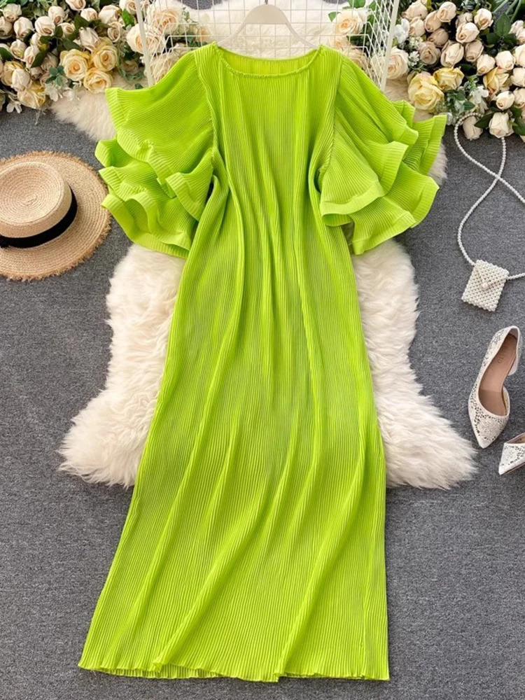 GVUW Pleated Ruffles Short Sleeve Dress Women Round Colalr A Line Solid Color Medium Long Lady Spring Clothing 17G4860 240723