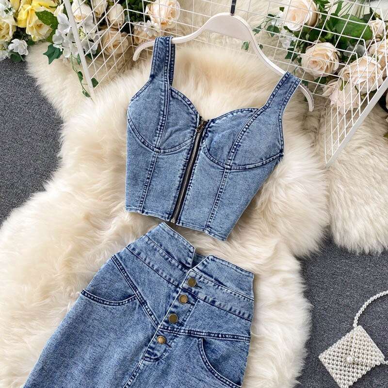 Instagram Set 2023 New Womens Sexy Short Strap Tank Top High Waist Denim Skirt Short Bifurcated Self-cultivation Novelty Loose Silk Dress High Waist D