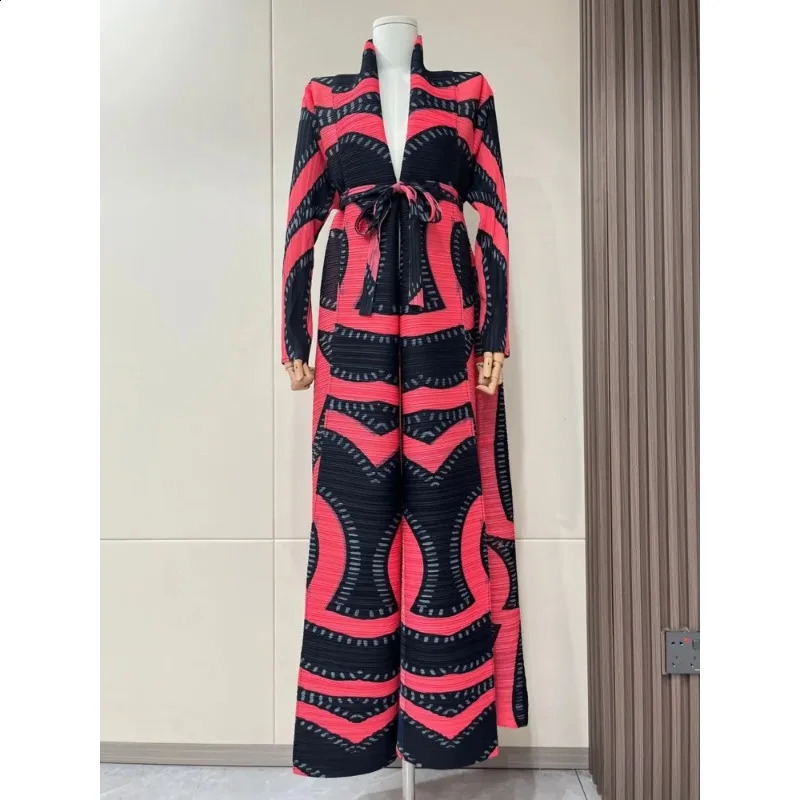 YUDX Streetwear Striped Print Pleated Long Coat Women Contrast Color Loose Belt Gathered Waist Windbreaker 240716