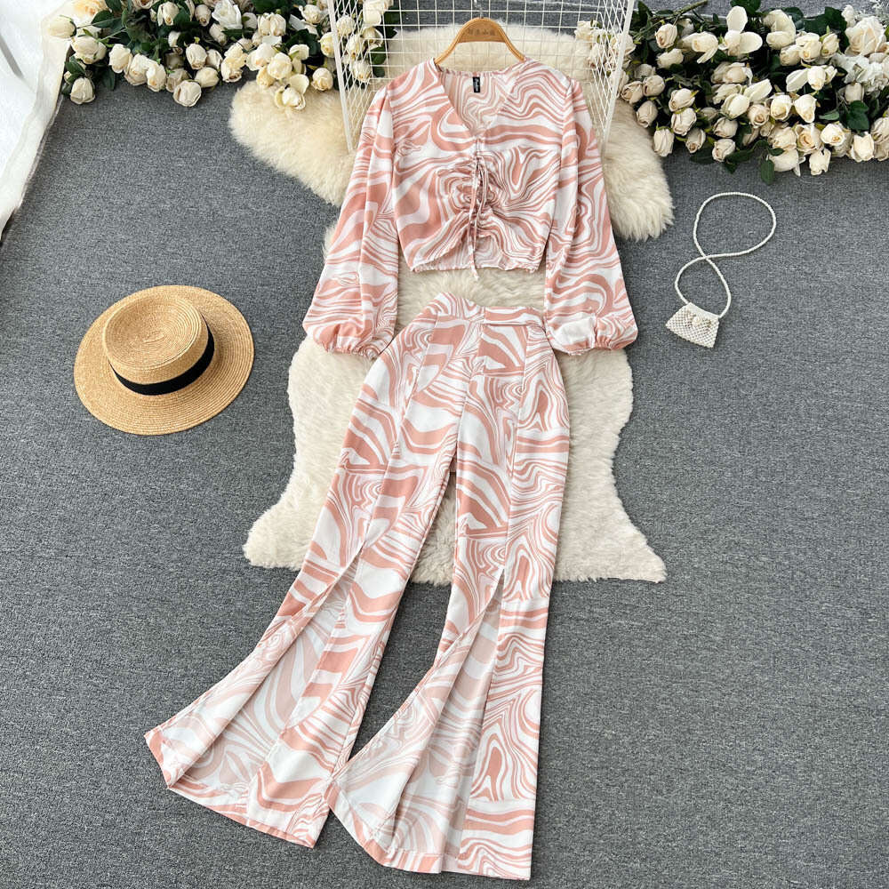 Vacation Style Two-piece Set for Women in Autumn, Fashionable and Trendy, Printed Long Sleeved Shirt Top, Split Casual Pants Loose Sexy Lace Dress