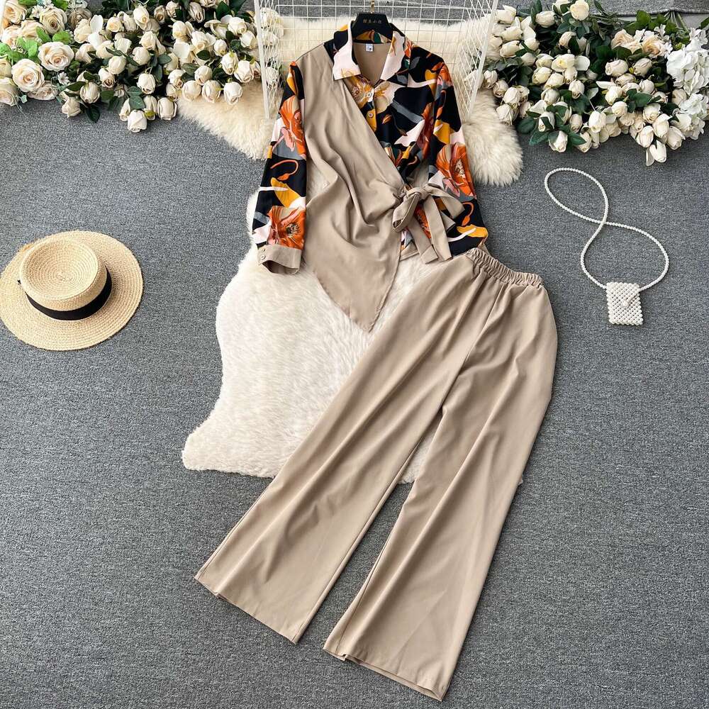 Two Piece Set of Irregular Printed Shirt with Tied Waist and High Waisted Slim Wide Leg Pants for Women Novelty Self-cultivation SKINNY DRESS BOHO DRE