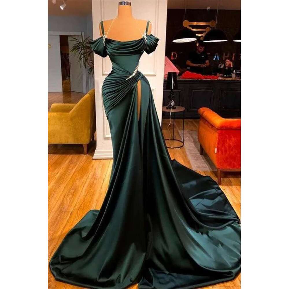Elegant Dark Green Evening Dresses Stunning Off Shoulder Mermaid Prom Dress Ruffles With High Split BC11179