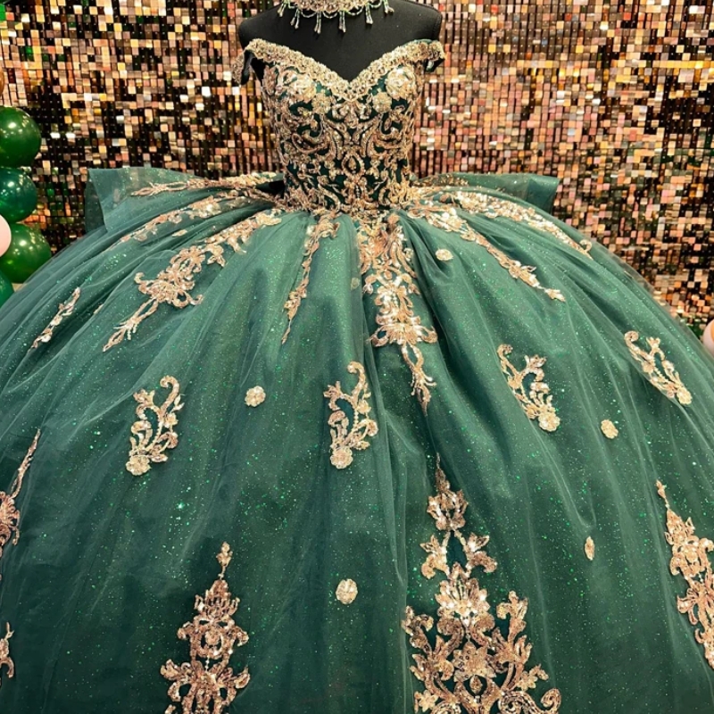 Emerald Green Shiny Quinceanera Dresses For Sweet 16 Princess Gown Gold Applique Beading Birthday Party Prom Dresses Vestido De