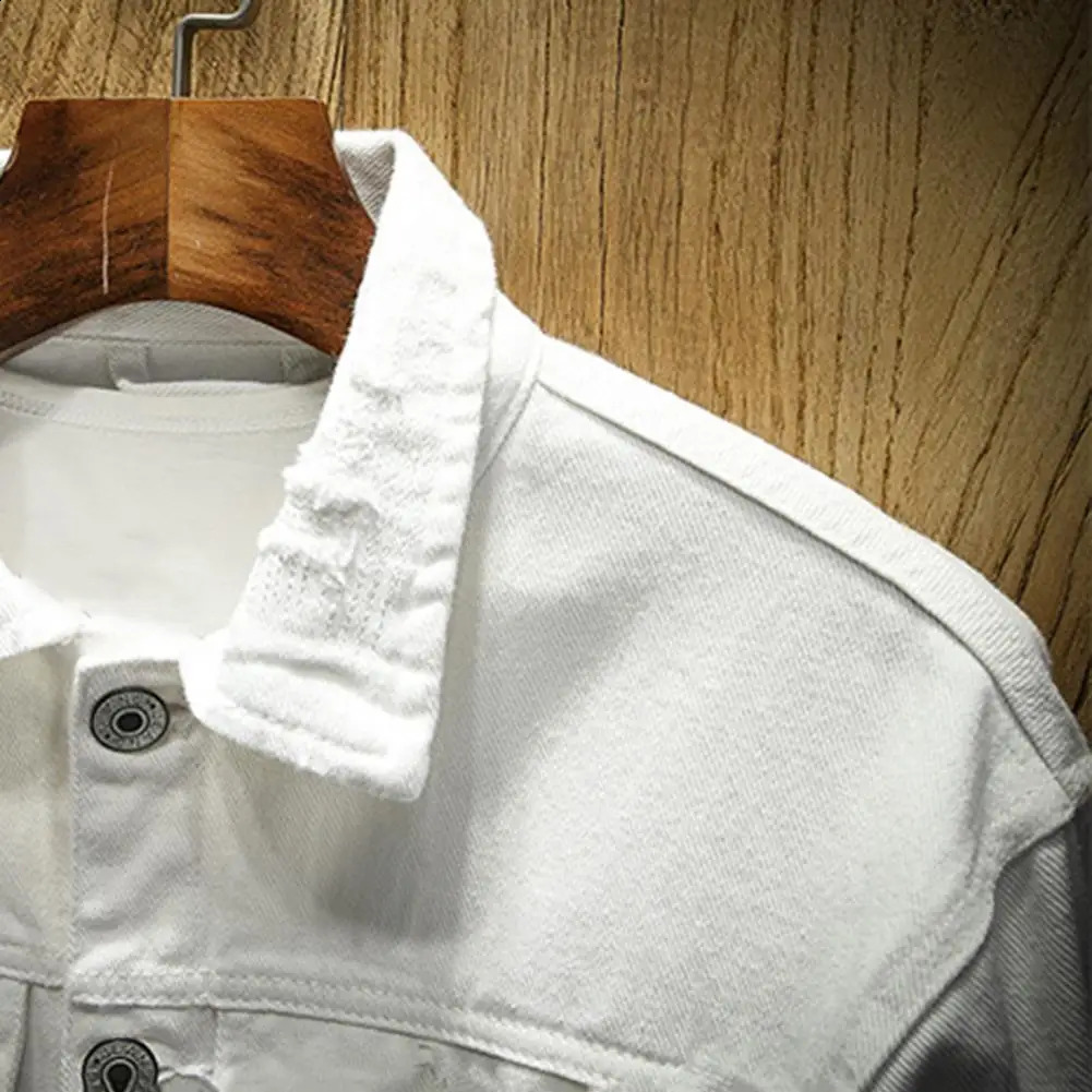 Ripped Hole Jean Men Jackets Outerwear Warm Denim Coats Turndown Collar Loose Buttons Men Denim Jackets Solid Color Denim Coat 240827