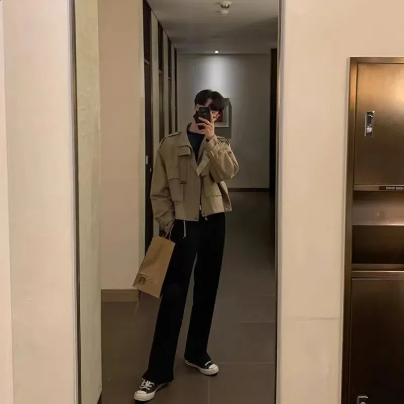 Mens Jackets Coat Korean Style Loose Fashion Turn-down Collar Retro Cargo Jackets Solid Pockets Temperament Winter Jacket 240722