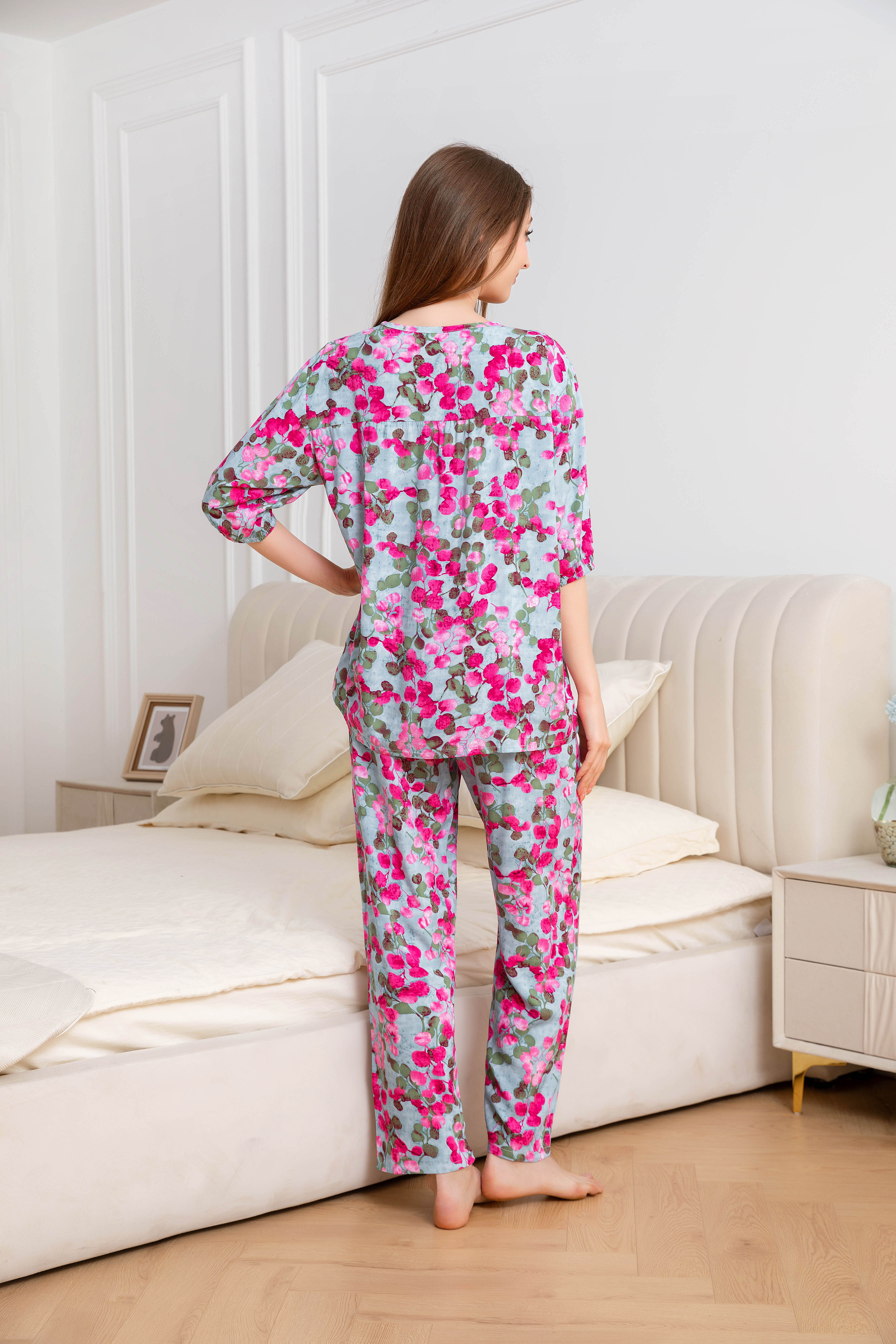 Women's Home Clothes Pajamas Rose Red Leaf Pants Set C210