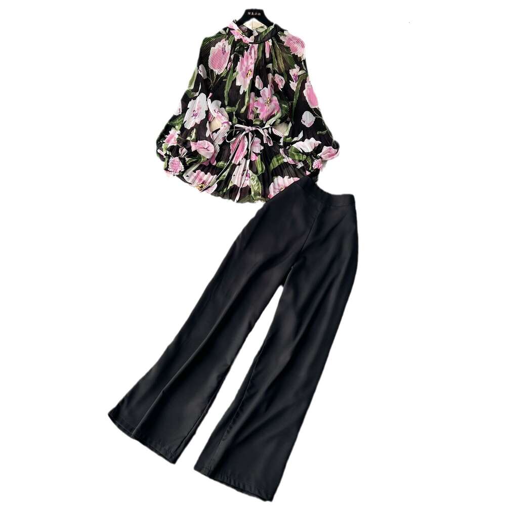 Temperament Light Mature Style Two-piece Set for Women with Waist Cinched Floral Pleated Shirt+high Waisted Wide Straight Leg Suit Pants Loose BOHO DR