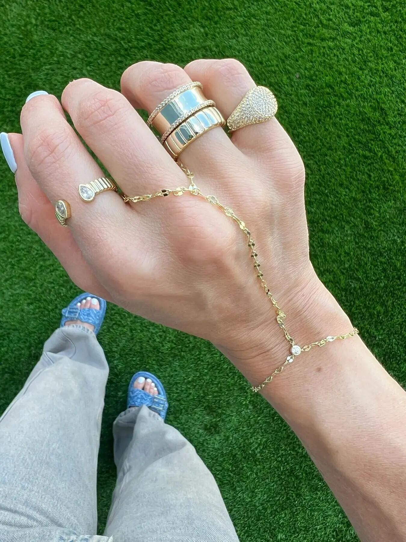 Micro Pave AAA CZ k Chain Bracelet w/ Ring Chains Wristlet - Hand Jewelry