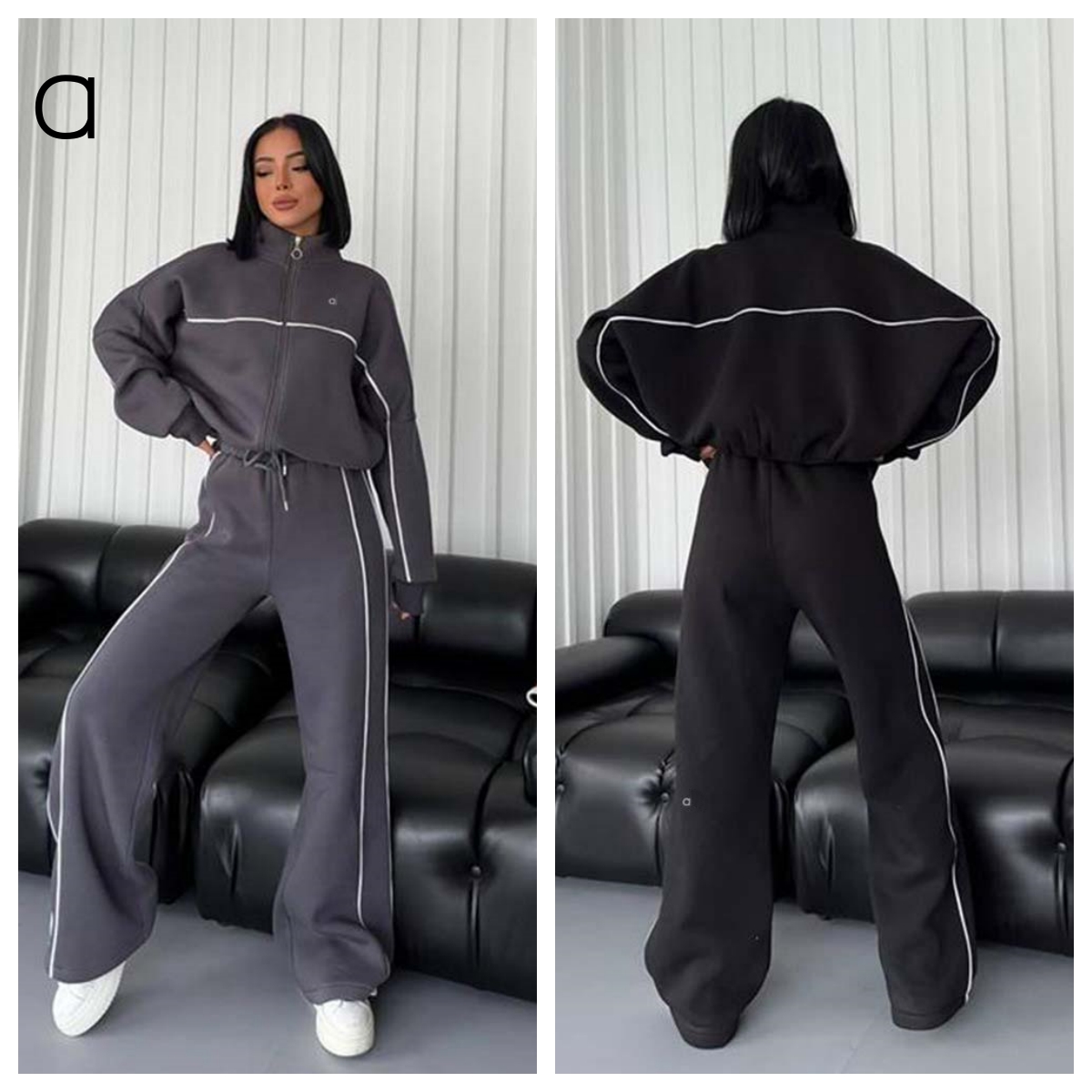 A456 Women's 3D Siery Sports and Leisure Suit Long Sleeve Semi-high Neck Cardigan Sweater Striped Pants llzg