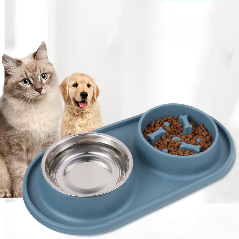 Dog Cat Double Bowl Pet Food Feeder Water Drinking Dispenser With Silicone Pad Stainless Steel Anti Clogging And Slip Basin