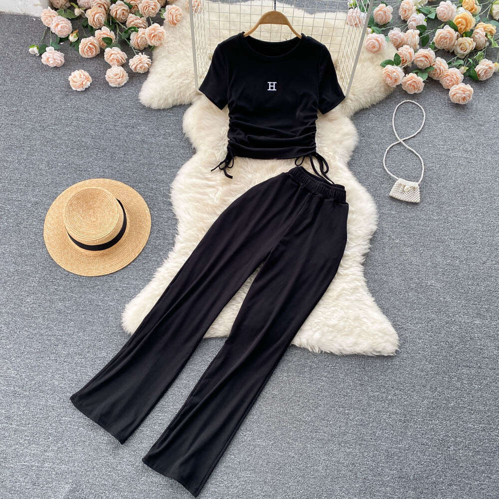 Summer Light Mature Womens Pleated Drawstring Tied Short Sleeved Top+draped Wide Leg Pants Two-piece Set Sexy Self-cultivation Bifurcated Lace Dress