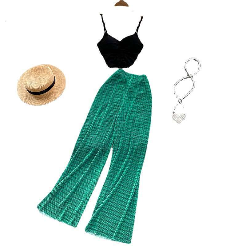 Vacation Style Womens Summer New Camisole Top Sexy Versatile High Waisted Pleated Wide Leg Pants Two-piece Set Short Sexy Loose Denim Dress Oversize D