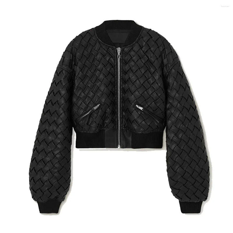 Womens Jackets Streetwear Woven Faux Leather Cropped Puffer Women 2024 Fall Winter Warm Long Sleeve Goth Motorcycle Bomber Coat Outwear
