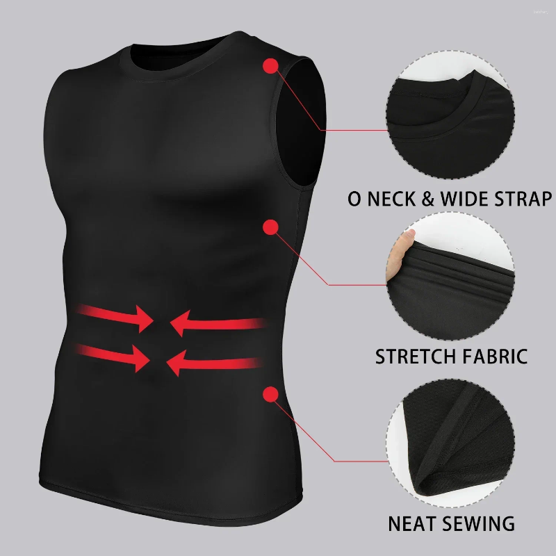 Men's Body Shapers Compression Shirts Men Sleeveless Tank Top Slimming Undershirt Shaper Workout Gym Vest Base Layer Athletic Tee Black