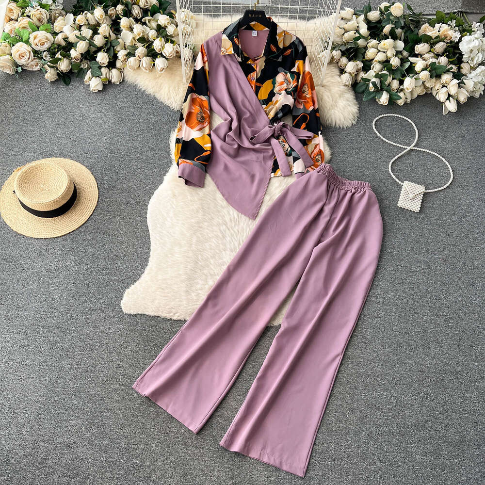 Two Piece Set of Irregular Printed Shirt with Tied Waist and High Waisted Slim Wide Leg Pants for Women Novelty Self-cultivation SKINNY DRESS BOHO DRE