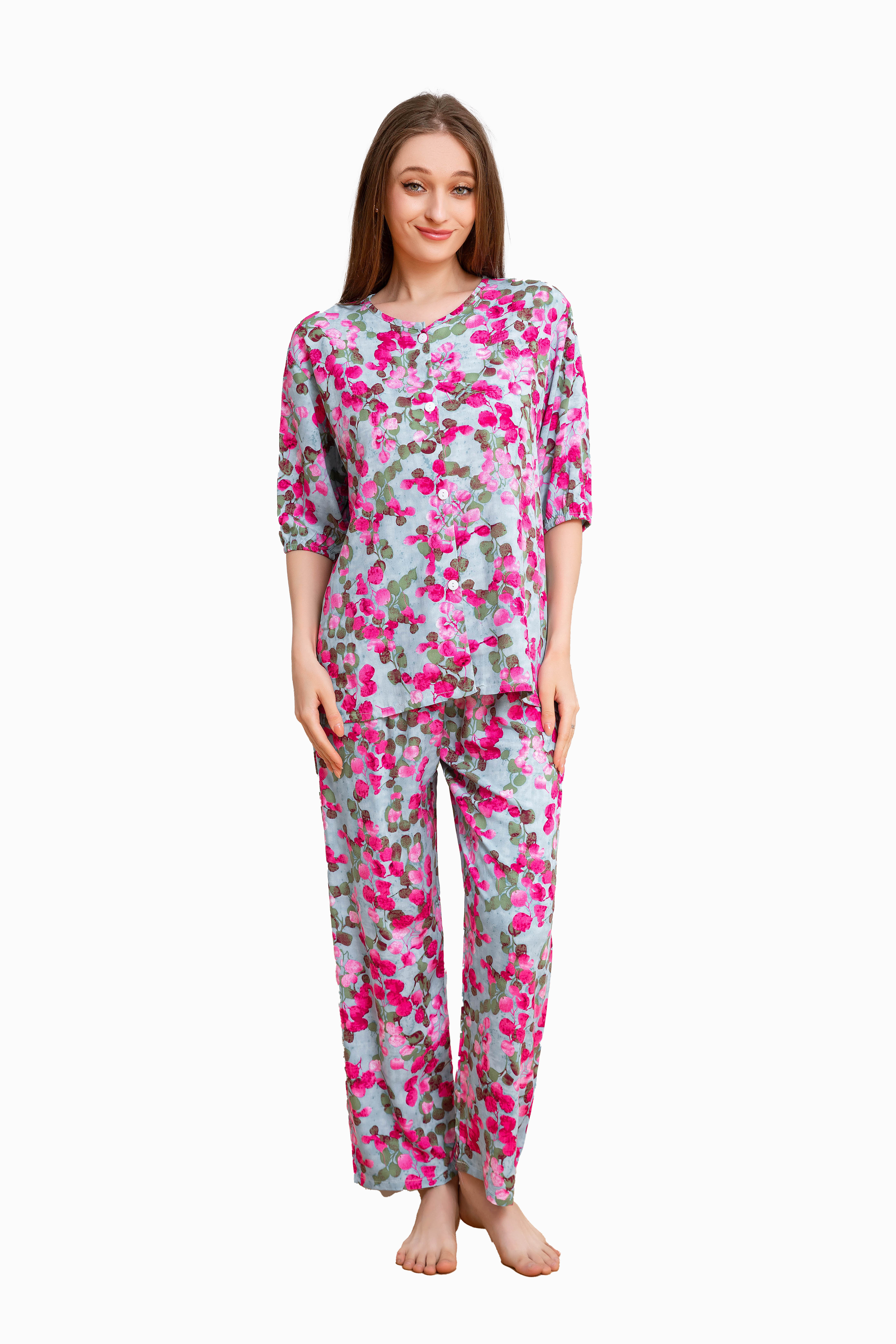 Women's Home Clothes Pajamas Rose Red Leaf Pants Set C210