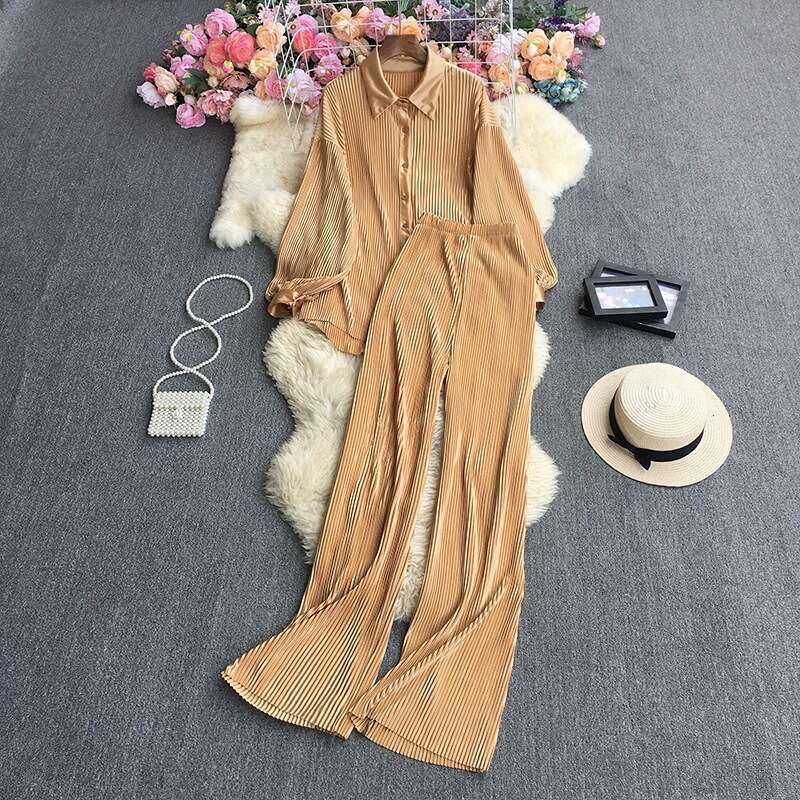 Fashion Womens Loose Fitting Long Sleeved Pleated Clean Color Shirt Two-piece Set High Waisted Draped Straight Wide Leg Pants BOHO DRESS Lace Dress