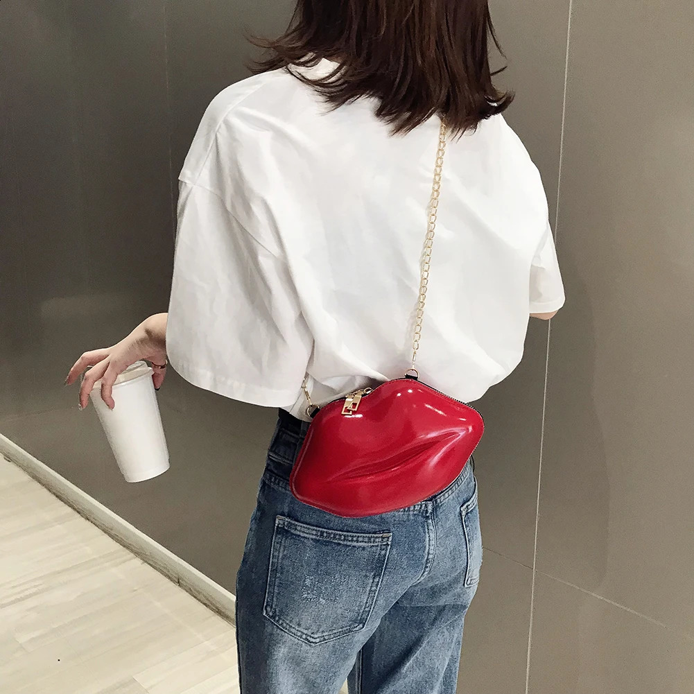 Stylish Lips Messenger Bag Women PVC Solid Shoulder Chain Crossbody Bags Girls Mini Zipper Evening Party Handbags 240722