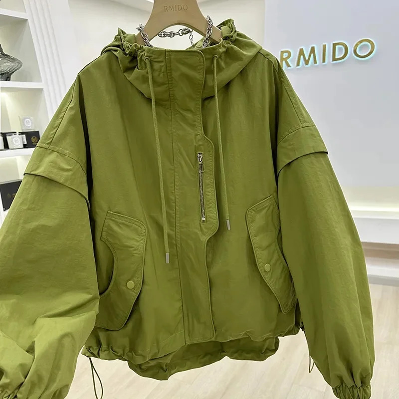 Fashion Spliced Zipper Shirring Printed Hooded Coats Womens Clothing Autumn Winter Loose Casual Windbreake Tops Jackets 240722