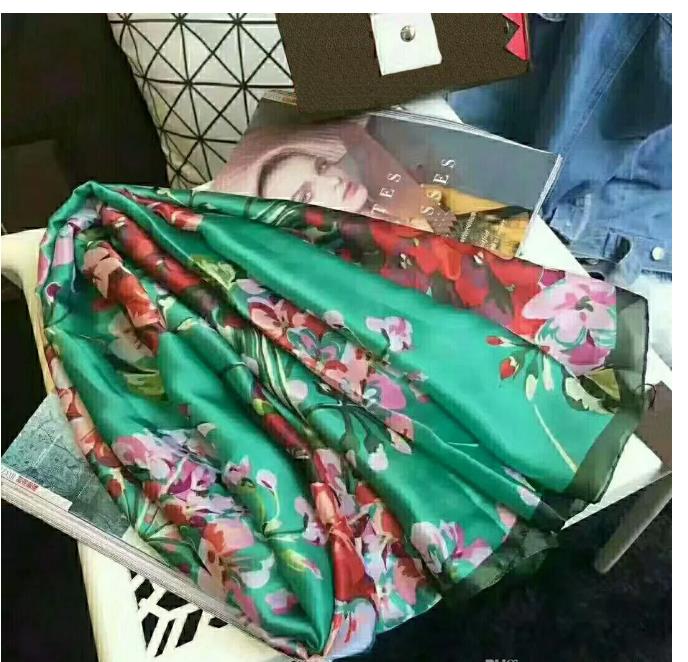 Designer Silk scarf Pashmina for Women luxe Luxury Green Flower FLoral Print Long Scarves Scarfs Wrap 180x90Cm Shawls S263