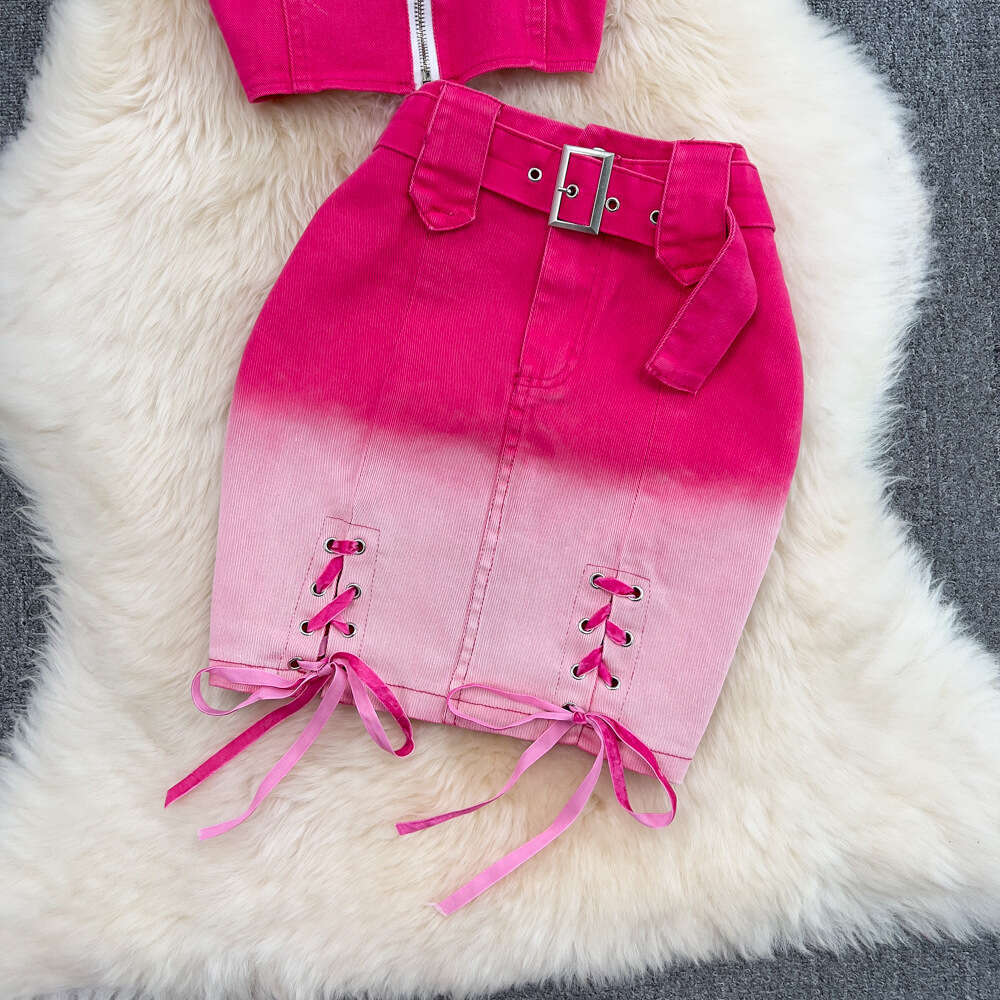 Pink Gradient Spicy Girl Denim Camisole Two-piece Set with High Waistband and Buttocks Strap, Half Skirt for Summer Bifurcated Waist Loose BOHO DRESS