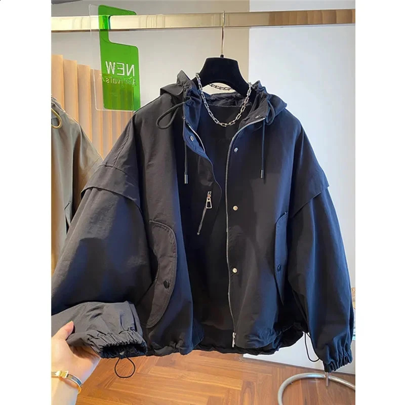 Fashion Spliced Zipper Shirring Printed Hooded Coats Womens Clothing Autumn Winter Loose Casual Windbreake Tops Jackets 240722