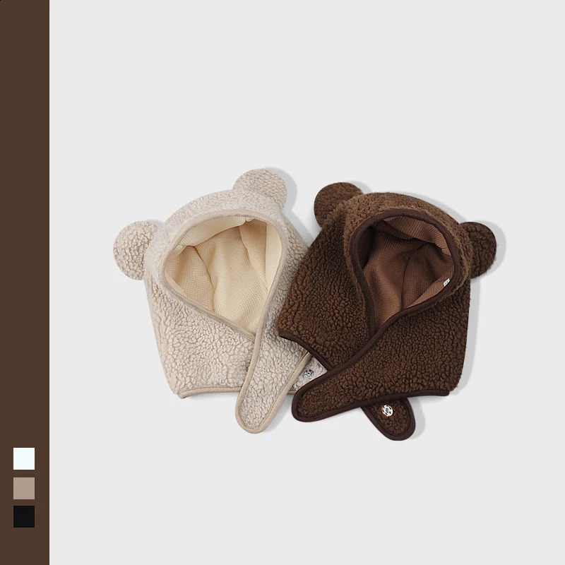 Y2K Brown Bear Ear Hat Scarf Beanies Knitted Rockwool Magnetic Buckle Ear Men Women Autumn Winter Cute Skuilles Beanie Hat 240716