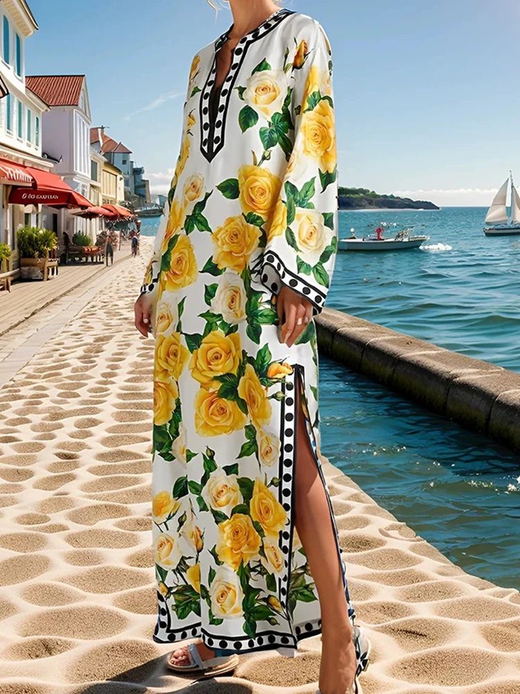 spring ladies printed polka dot temperament split long-sleeved loose dress Bohemian holiday gown skirt 240723