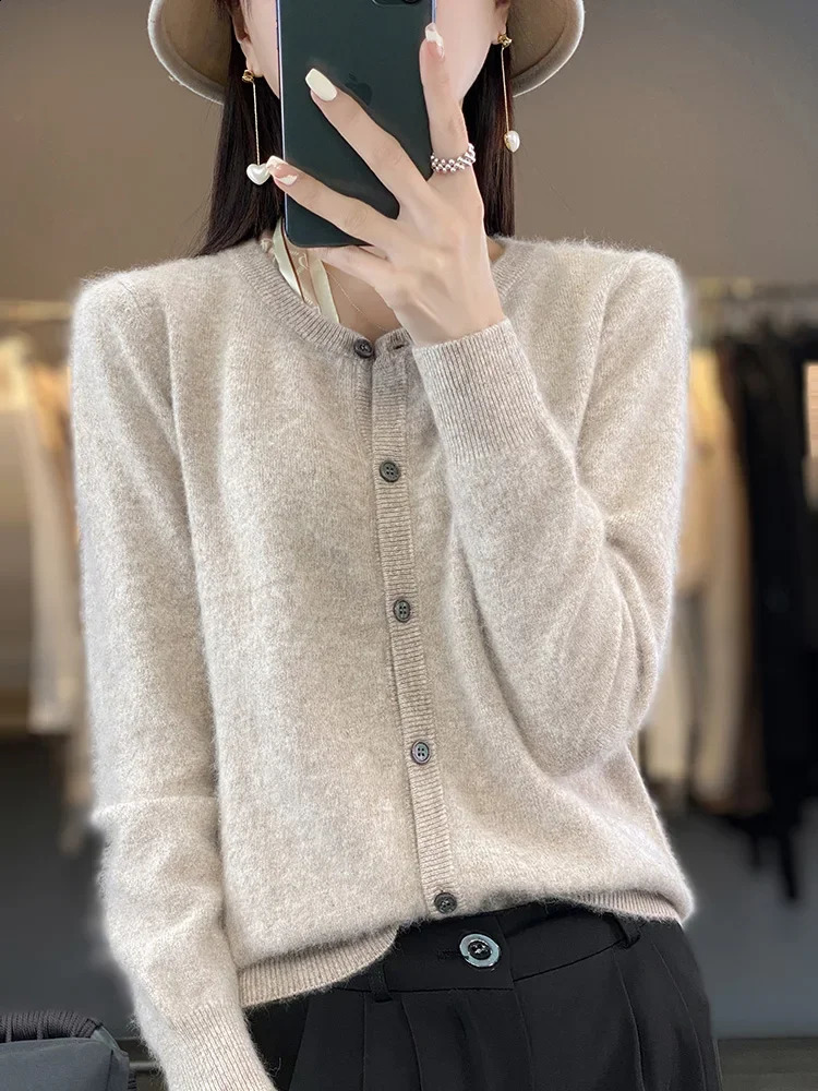 Aliselect womens cardigan wool sweater super warm pure mink cashmere Oneck loose fitting clothing solid color knitted top 240812