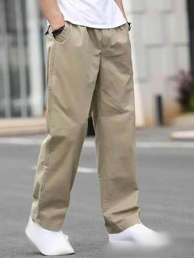 Mens Solid Elastic Waist Cargo Pants Summer Cotton Pocket Work Wear Casual Climbing Joggers Sweatpants Hombre Autumn Trousers 240723