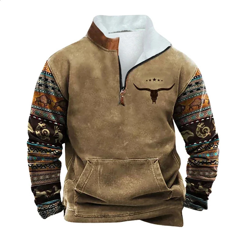 Vintage Sweatshirt For Men Ethnic Style Casual Warm Hoodie Tops Turtleneck Zipper Jacket Pullover Harajuk Fleece Sweatshirts 240722