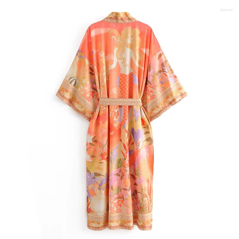 Womens Blouses AYUALIN Floral Print Kimono Cardigan Long Blouse Fer Women Swim Cover Up Summer 2024 Boho Kaftan Beach Femme Vestidos