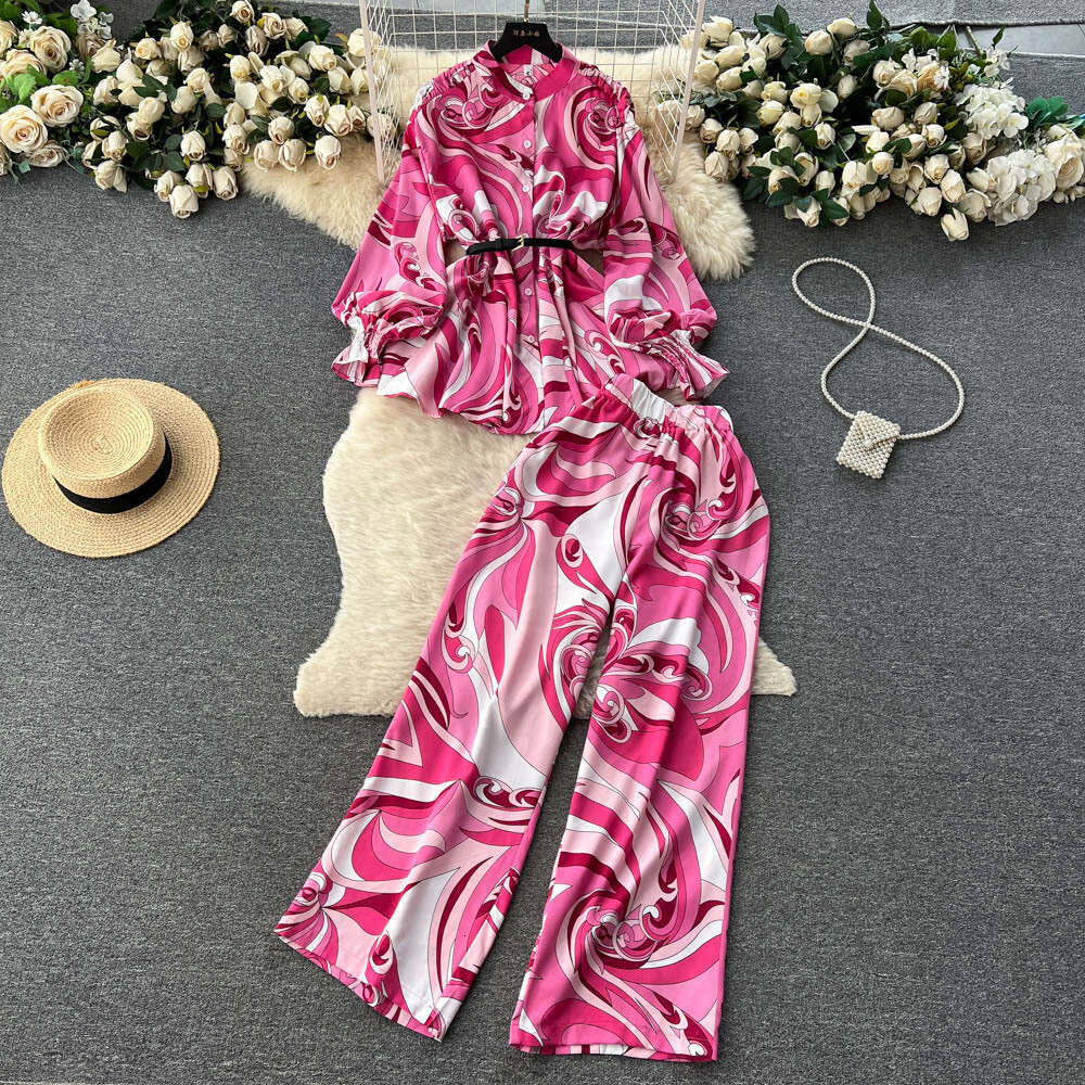 Wind Fashion Set Womens Light Luxury Design Sense Lantern Long Sleeved Shirt+elastic Waist Straight Wide Leg Pants Novelty Waist Oversize Dress